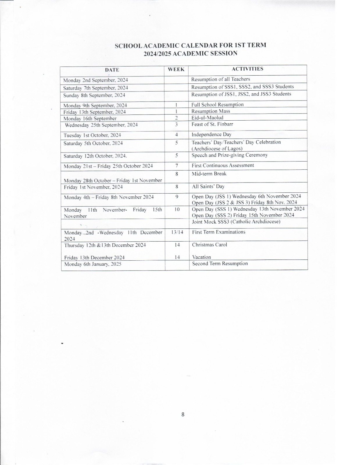 SCHOOL ACADEMIC CALENDAR FOR 1ST TERM 2024/2025 ACADEMIC SESSION