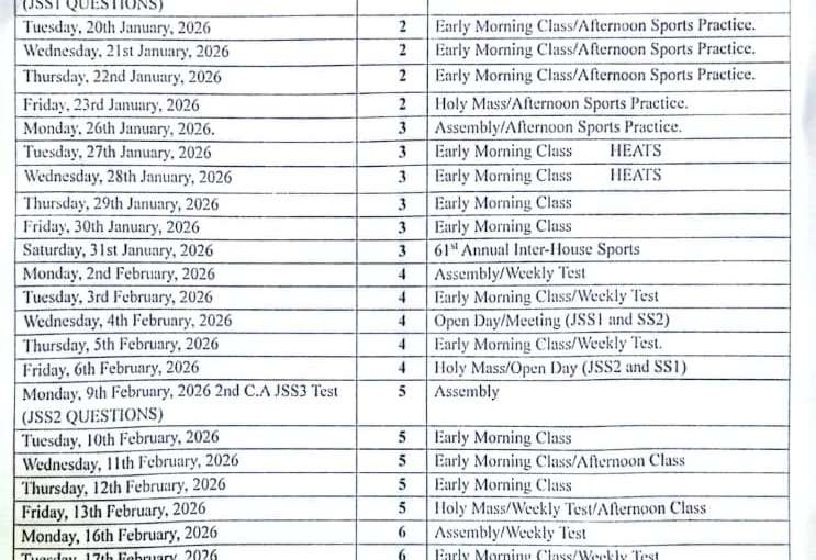 2nd Term Calender for 2025/2026 Academic Session